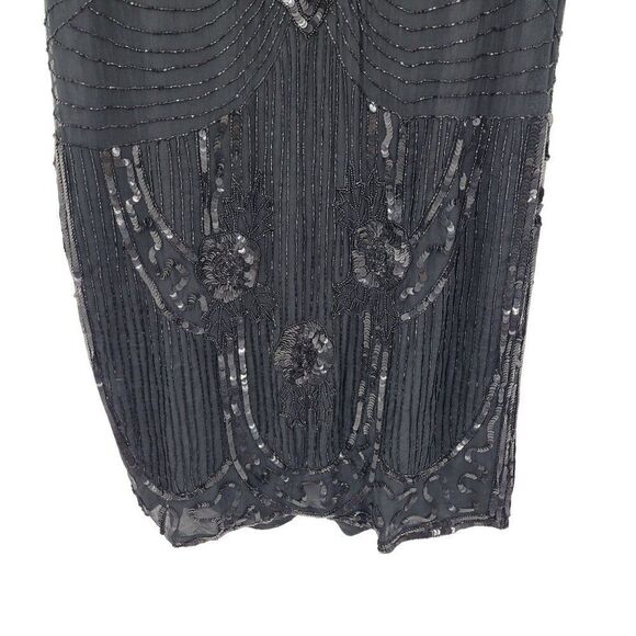 Vintage 80s Silk Black Beaded Sequined Short Sleeve Flapper Dress Sz M Cutout - Picture 7 of 14